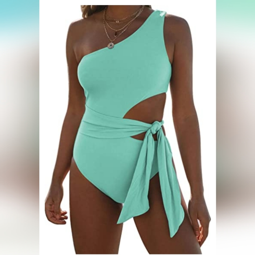 NWOT LILLUSORY Women Mint One Piece Swimsuits Sexy One Shoulder, New - Picture 1 of 4